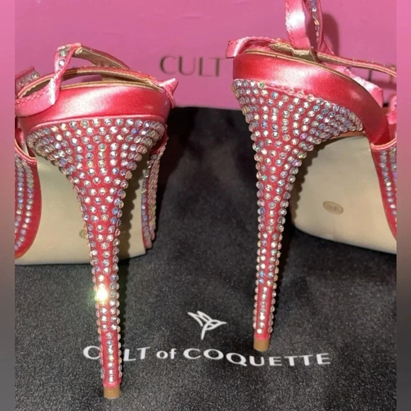 NIB CULT OF COQUETTE KIM PINK SATIN CRYSTAL OPEN TOE HEELS SHOES SIZE 10 - Picture 10 of 13